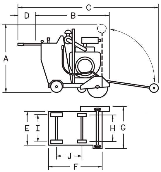 Diamond Products - CC2500 Walk Behind Concrete Saw Dimensions