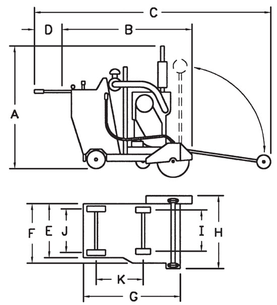 Diamond Products - CC2500 Walk Behind Concrete Saw Dimensions