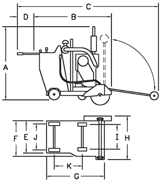 Diamond Products - CC6560XLT Walk Behind Concrete Saw Dimensions